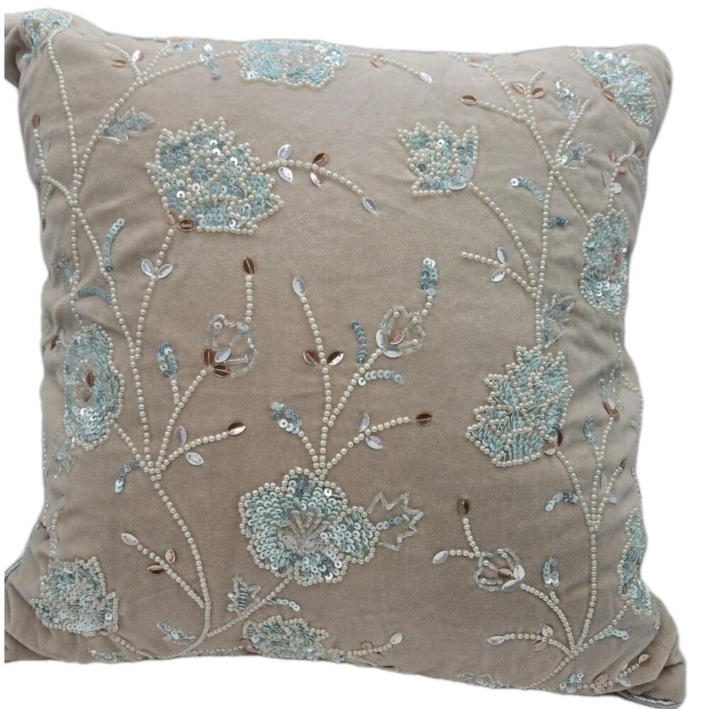 Elie Tahari Beaded Sequin Pillow 18x18" Pearls Silver Trim Luxury Shabby Chic NW